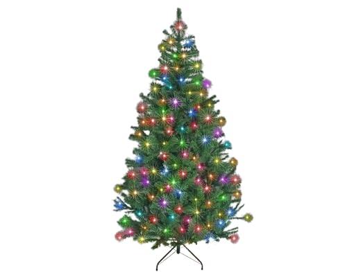 SHATCHI 4Ft-12Ft Pre-Lit Artificial Christmas Tree Alaskan Pine Tips Xmas Home Decorations Metal Stand Warm White LEDs, Green W/Multicolour (5F/150cm) - Gift Guide