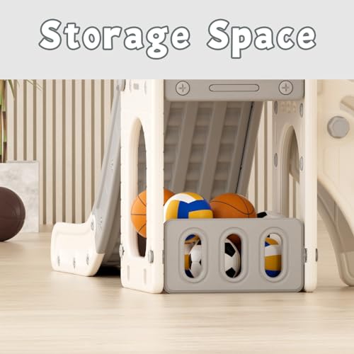 KORIMEFA 4-in-1 Kids Slide Toddler Climber Slide Set with Basketball Hoop, Storage Box and Telescope, Indoor Outdoor Freestanding Slider Garden Slide Playground for Toddlers Ages 18-36 Months