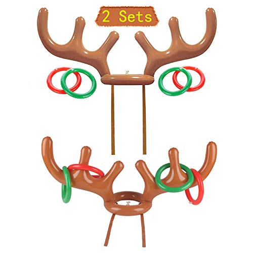 Christmas Ring Toss Games,2Set Inflatable Reindeer Antler Hat with 8Rings,Christmas Party Toss Games Props Xmas Hoopla Crackers Eve Box Filler for Kids Adults Xmas Family Party Indoor Outdoor Fun Game