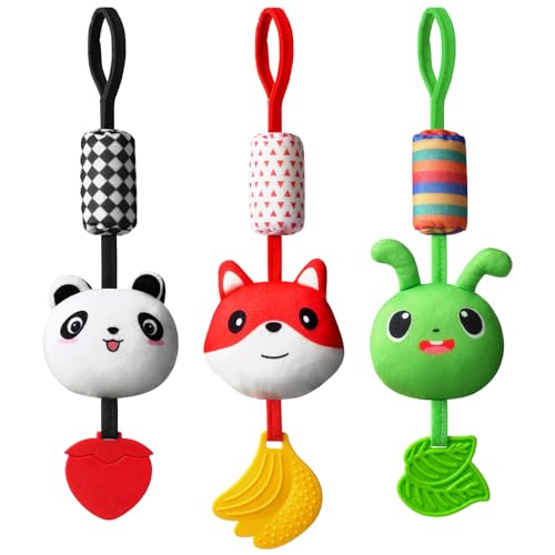 Aolso Baby Pram Pushchair Toys, 3 Pack Hanging Rattle Toys, Rattle Baby Hanging Toys with Teether, Early Education Learning Toys, Newborn Car Seat Toys for Boys Girls (Panda/Fox/Greenworm) - Gift Guide