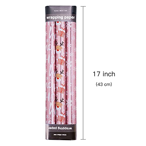 Holijolly Christmas Wrapping Paper Roll, Pink Metallic Foil Shine Paper - Snowflakes/Santa Claus/ "HO" Print for Gift Wrap, Arts Crafts -43 x 305cm x 3 Rolls - Gift Guide