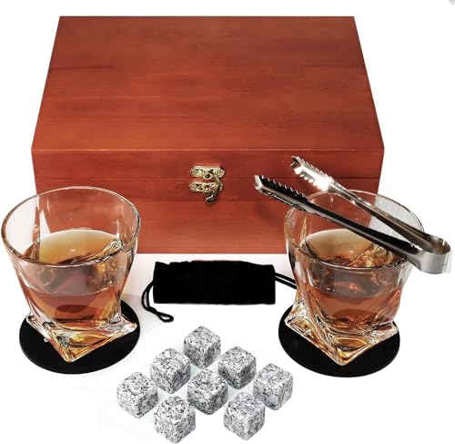 Bestyks Whiskey Glasses Set With 8 Whiskey Stones, 2 Whisky Glasses, Tongs in Handmade Wooden Box - Whiskey Gifts Set - Whiskey Accessories Set - Creative Birthday Gift for Dad, Husband, Men,Boyfriend - Gift Guide