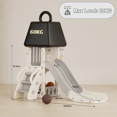 KORIMEFA 4-in-1 Kids Slide Toddler Climber Slide Set with Basketball Hoop, Storage Box and Telescope, Indoor Outdoor Freestanding Slider Garden Slide Playground for Toddlers Ages 18-36 Months