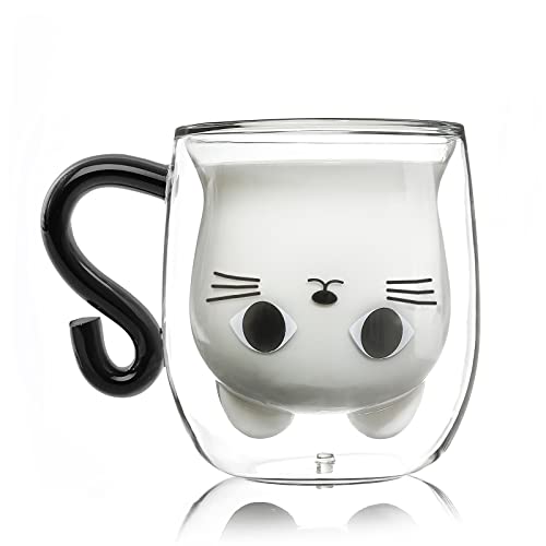 Qinhai Cat Mugs, Cute Double Wall Glass Coffee Tea Cup, Gifts for Birthday Valentines Mothers Day Easter Christmas, Women Wife Mum Her Grandma Girl Teacher Friend Present Idea - Gift Guide