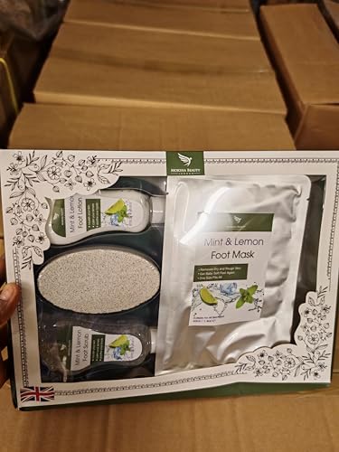 Foot Spa Gift Sets - Foot Care Pampering Gift Set | Mint and Lemon Foot Scrub, Foot Lotion, Foot Mask, Pumice Stone