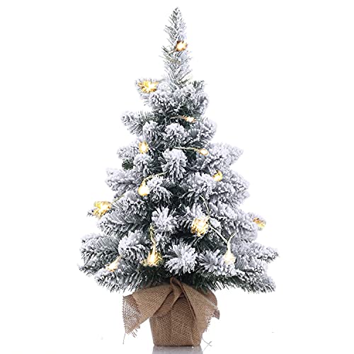 Pre-Lit Artificial Mini Christmas Tree with LED Lights,20 Inch Snow Flocked Pine Xmas Tree,70 Branch Tips,Desktop Tabletop Christmas Tree Burlap Base-(50cm) - Gift Guide