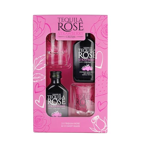 Tequila Rose Gift Set - Strawberry Cream Liqueur 2 x 5cl Miniature with 2 x Shots Glasses. Gift set to enjoy and drink in style.