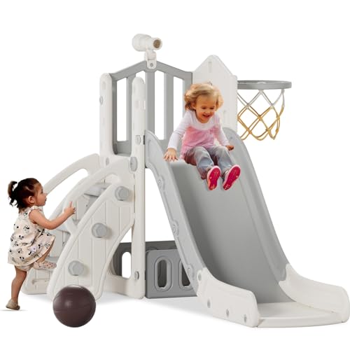 KORIMEFA 4-in-1 Kids Slide Toddler Climber Slide Set with Basketball Hoop, Storage Box and Telescope, Indoor Outdoor Freestanding Slider Garden Slide Playground for Toddlers Ages 18-36 Months