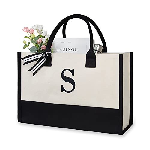 TOPDesign Embroidery Initial Canvas Tote Bag, Personalized Present Bag, Suitable for Wedding, Birthday, Beach, Holiday, is a Great Gift for Women, Mom, Teachers, Friends, Bridesmaids (Letter S) - Gift Guide