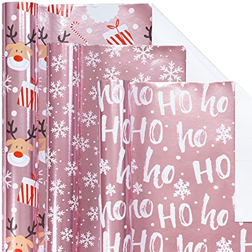Holijolly Christmas Wrapping Paper Roll, Pink Metallic Foil Shine Paper - Snowflakes/Santa Claus/ "HO" Print for Gift Wrap, Arts Crafts -43 x 305cm x 3 Rolls - Gift Guide
