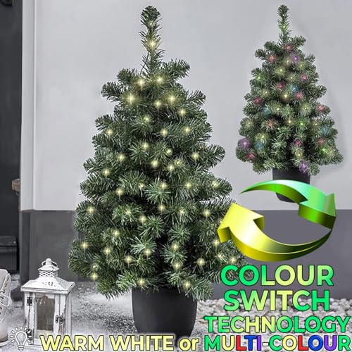 Pre-Lit Artificial 3ft Christmas Tree - MULTI COLOUR/WARM WHITE Mini Xmas Tree with Pot - Indoor/Outdoor - Battery Operated Doorway LED Christmas Tree (90cm) - Gift Guide