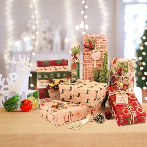 Zindoo Christmas Wrapping Paper Sheets, Brown Xmas Gift Wrapping Paper, Recyclable Kraft Paper 70x50CM in Folded Sheets with 6 Christmas Designs (Bonus 2x10M Jute String & 10 Tags & Tape) - Gift Guide