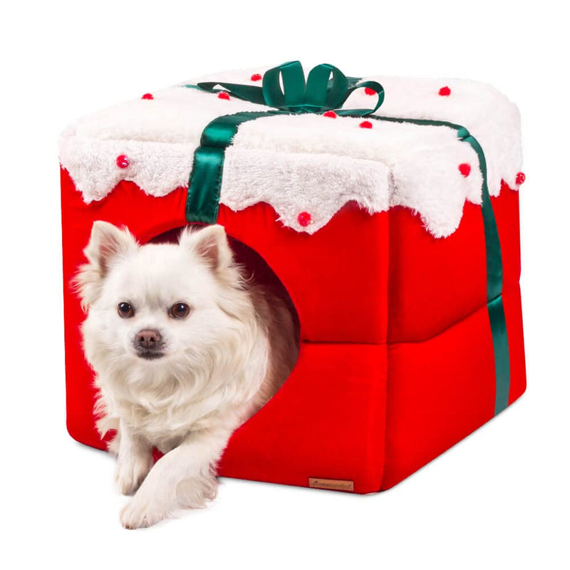 allpetsolutions Christmas Dog Bed | 3-in-1 Foldable Dog/Cat Cave Bed | Xmas Gift For Pets | Soft Cave Red Dog Puppy Bed with Reversible Cushion - 38x38x38cm - Gift Guide