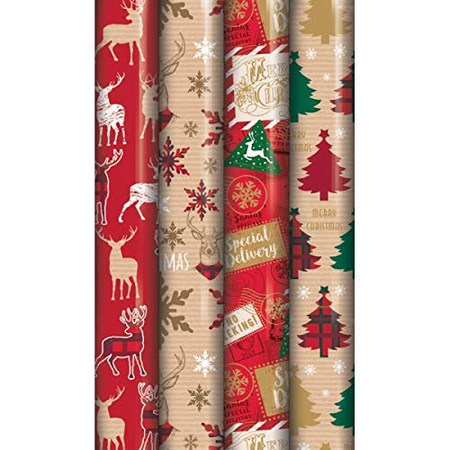 4 x 8M Rolls of Christmas Gift Wrap Wrapping Paper Traditional Tartan Reindeer - Gift Guide
