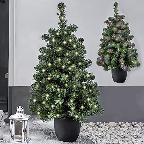 Pre-Lit Artificial 3ft Christmas Tree - MULTI COLOUR/WARM WHITE Mini Xmas Tree with Pot - Indoor/Outdoor - Battery Operated Doorway LED Christmas Tree (90cm) - Gift Guide