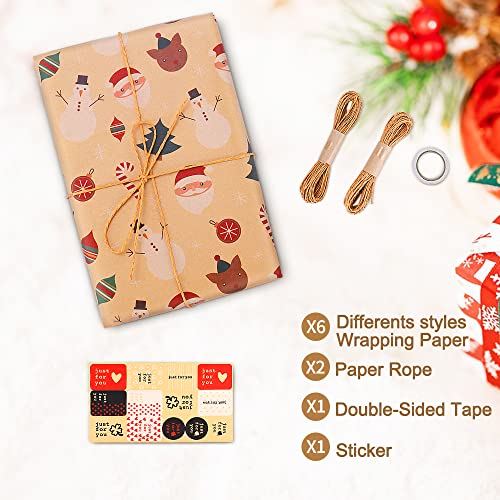 Christmas Wrapping Paper, 10Pcs Recycled Kraft Paper 70x50CM with 6 Vintage Designs (1 Gift Sticker, 1 Double-Side Tape, 2 String) for Gift Boxes Festival Decoration Mens Girls Boys - Gift Guide