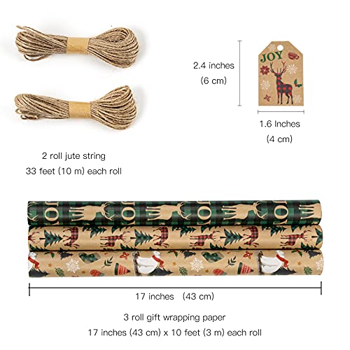 RUSPEPA Christmas Wrapping Paper Rolls with Tags, Jute String - 43cm x 3 Meter per Roll, Total of 3 Rolls - Gift Guide