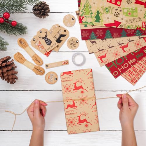 Zindoo Christmas Wrapping Paper Sheets, Brown Xmas Gift Wrapping Paper, Recyclable Kraft Paper 70x50CM in Folded Sheets with 6 Christmas Designs (Bonus 2x10M Jute String & 10 Tags & Tape) - Gift Guide