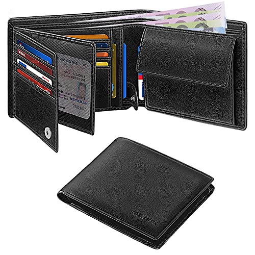 HOCRES® Wallets for Mens RFID Blocking Leather Slim Wallet with 15 Credit Card Holders, 2 Banknote Compartments & 2 ID Window Minimalist Wallets with Gift Box - Gift Guide