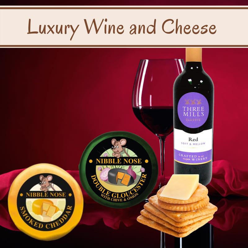 Cheese and Wine Hamper - Red Wine, 2x Cheese Truckle Selection, Savoury Crackers and 3x Chutney - Wine and Cheese Hamper Gift Set, Cheese Gifts Set, Christmas Hampers, Food Hampers for Men - Gift Guide