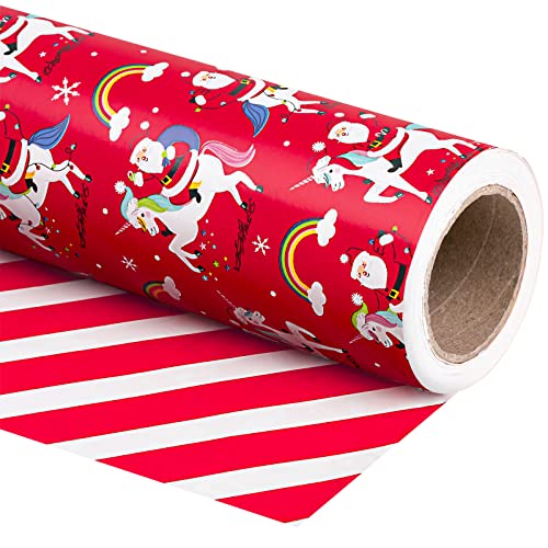 RUSPEPA Reversible Christmas Wrapping Paper - Mini Roll - 43.2cm x 10m - Red Santa Claus and Unicorn, Red and White Stripe Design for Holiday, Party, Celebration - Gift Guide