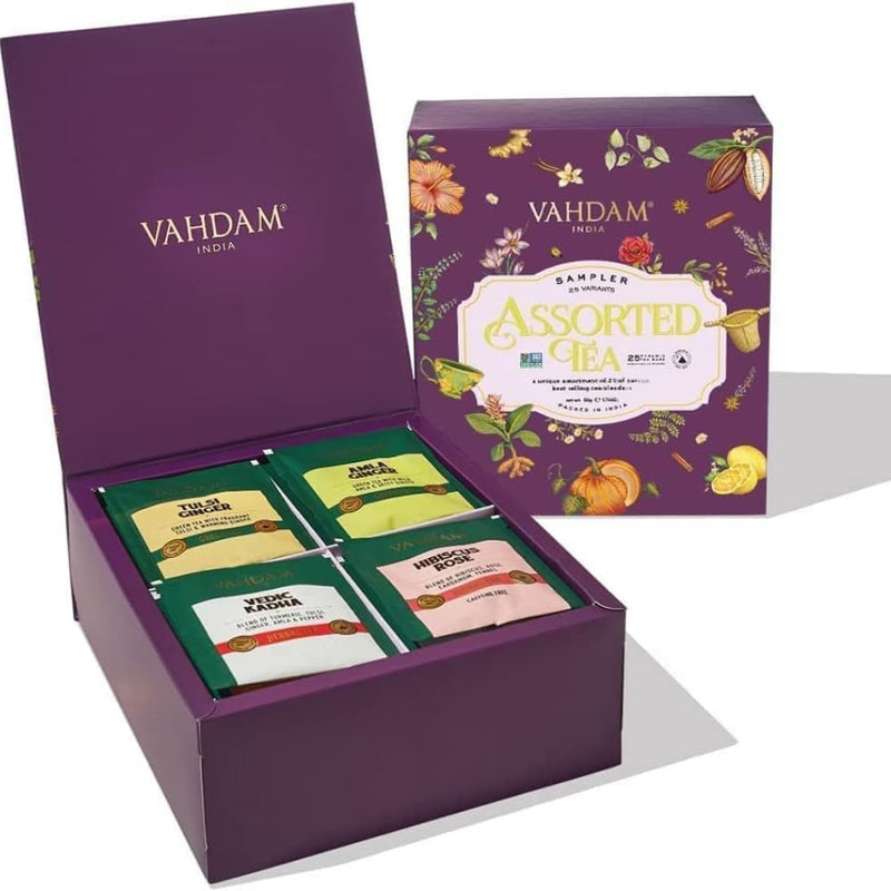 VAHDAM, Assorted Tea Gift Sets (25 Flavors, 25 Tea Bags) Gluten Free, Non GMO | Long Leaf Pyramid Tea Bags Variety Pack | Gifts for Women & Men - Gift Guide