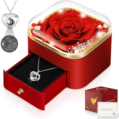 Hnustbo Rose Gifts for Women, Mum, Girlfriend, Wife, Eternal Flowers Preserved Real Rose with I Love You Necklace, for her on Birthday, Anniversary, Valentine's Day, Mother's Day, Christmas