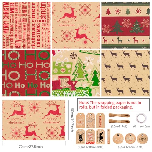 Zindoo Christmas Wrapping Paper Sheets, Brown Xmas Gift Wrapping Paper, Recyclable Kraft Paper 70x50CM in Folded Sheets with 6 Christmas Designs (Bonus 2x10M Jute String & 10 Tags & Tape) - Gift Guide