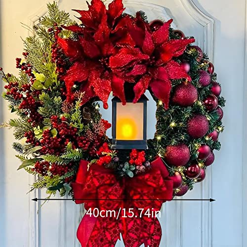 16 Inch Christmas Wreath, Christmas Door Wreath with Lantern Baubles Berries Bows, Artificial Christmas Garland for Front Door Holiday Festival Indoor Outdoor Xmas Decorations (Red) - Gift Guide