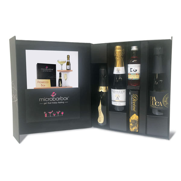 MicroBarBox Prosecco Gift Set in a Premium Luxury Gift Box | Prosecco Gifts for Women | including Galanti Prosecco, Bottega Prosecco, Da Luca Prosecco & Edinburgh Raspberry Gin with Divine Chocolate