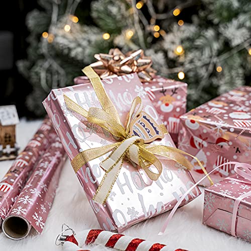 Holijolly Christmas Wrapping Paper Roll, Pink Metallic Foil Shine Paper - Snowflakes/Santa Claus/ "HO" Print for Gift Wrap, Arts Crafts -43 x 305cm x 3 Rolls - Gift Guide