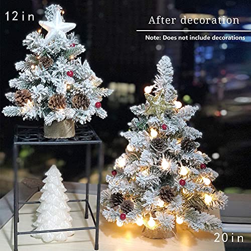 Pre-Lit Artificial Mini Christmas Tree with LED Lights,20 Inch Snow Flocked Pine Xmas Tree,70 Branch Tips,Desktop Tabletop Christmas Tree Burlap Base-(50cm) - Gift Guide