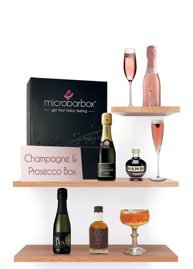 MicroBarBox Champagne & Prosecco Gift Set in a Premium Luxury Gift Box | Champagne Gift Set | featuring Lanson Black Label Brut NV, Bottega Poeti Rosé Prosecco, Da Luca Prosecco & fruit liqueurs