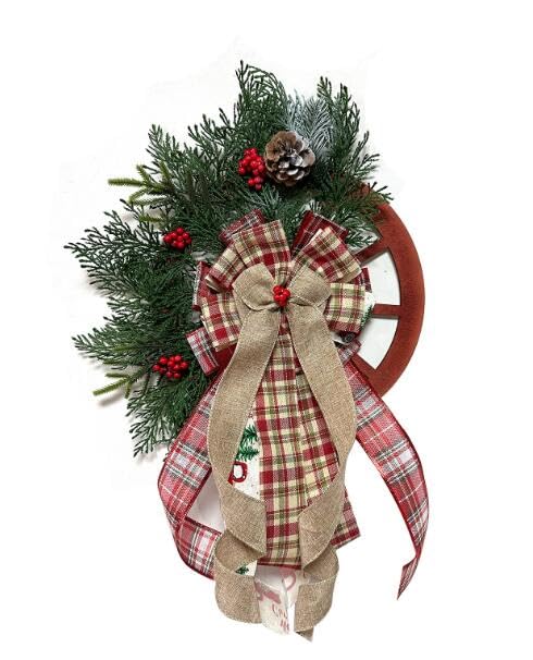 Christmas Wreath for Front Door Christmas Farmhouse Wagon Wheels Wreath Red Wooden Wagon Wheel Wreaths with Pine Cone, Berry, Bowknot and Pine Needles Vintage Farmhouse Wooden Garland Xmas Decorations - Gift Guide