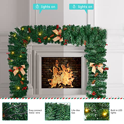 1.8M/6FT Christmas Garland with Lights, Pre Lit Christmas Garlands for Fireplace Stairs Artificial Wreath with 50 LED Lights and Bow Pine Cones Berries for Xmas Tree Front Door Home Holiday Decor - Gift Guide