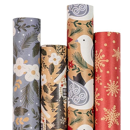 RUSPEPA Christmas Wrapping Paper, Kraft Paper - Dove, Snowflake, Flower, and House - 4 Rolls - 43.5x305 cm per Roll - Gift Guide