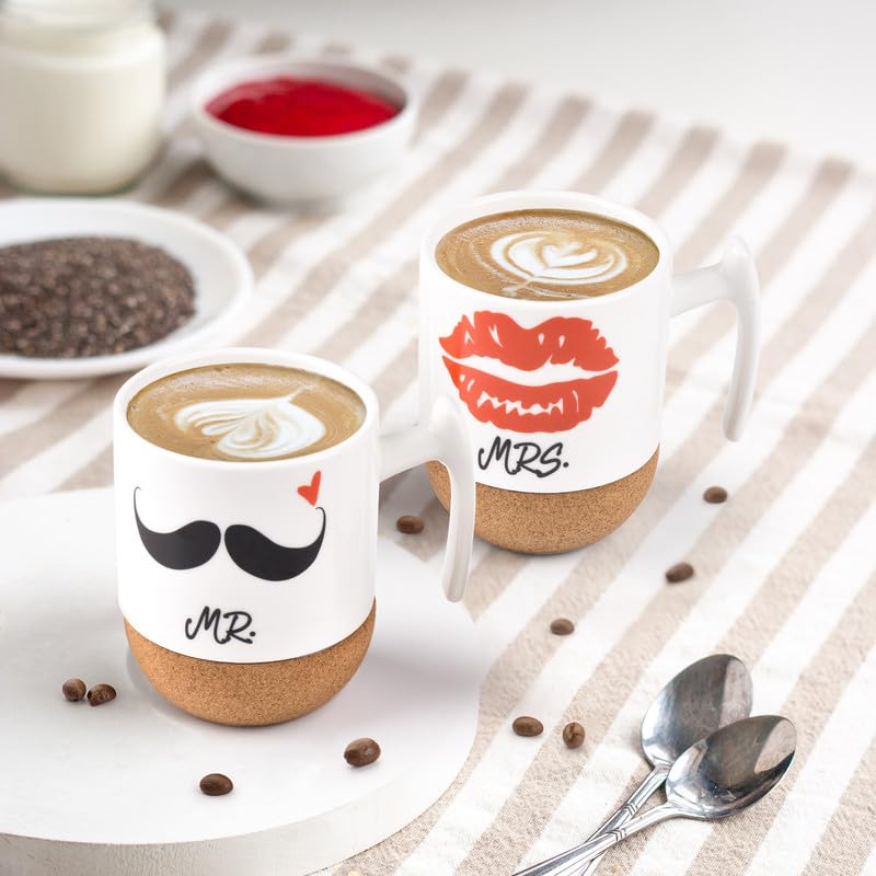 Love-KANKEI Mr and Mrs Ceramic Mugs with Novelty Cork Bottom - Wedding Gifts/Valentines Gifts for Couples - Set of 2/10.5 oz - Gift Guide
