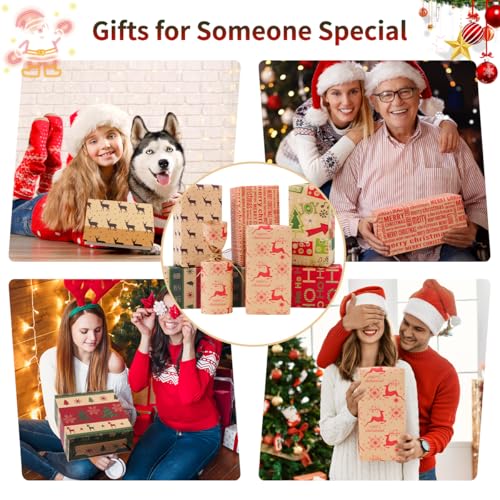 Zindoo Christmas Wrapping Paper Sheets, Brown Xmas Gift Wrapping Paper, Recyclable Kraft Paper 70x50CM in Folded Sheets with 6 Christmas Designs (Bonus 2x10M Jute String & 10 Tags & Tape) - Gift Guide