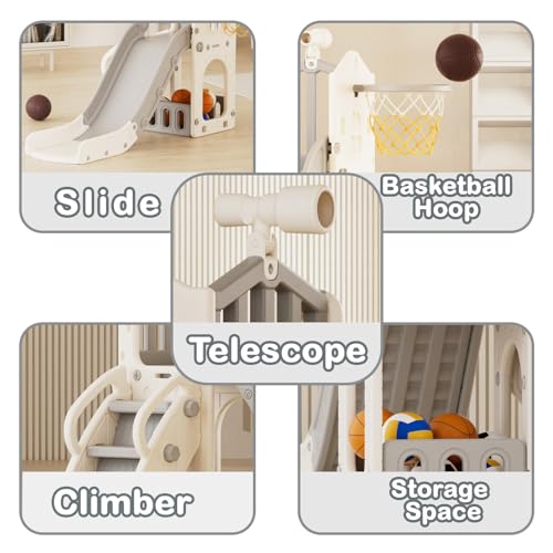 KORIMEFA 4-in-1 Kids Slide Toddler Climber Slide Set with Basketball Hoop, Storage Box and Telescope, Indoor Outdoor Freestanding Slider Garden Slide Playground for Toddlers Ages 18-36 Months