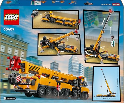 LEGO City Yellow Mobile Construction Crane Toy, Vehicle Building Set for 9 Plus Year Old Boys and Girls, Long Extendable Boom and 4 Worker Minifigures for Role Play, Creative Gift for Kids 60409