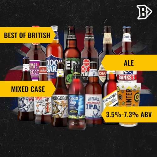 Best of British Real Ale Mixed Case of 12 Classic Beers & Pint Glass - Wychwood, Marston's, Wainwright's, Shipyard, Sharp's, Banks - Gift Guide