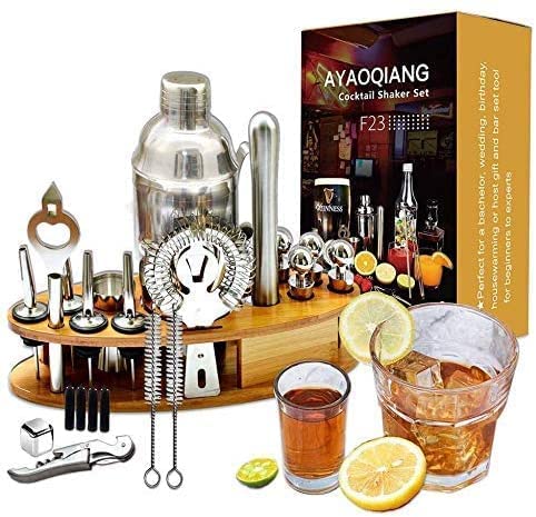 AYAOQIANG Cocktail Shaker Set with Stand,Cocktail Set for Beginer,750ml Stainless Steel Shaker for Cocktail,Home Bar Cocktail Tool Kit with Bamboo Display Stand