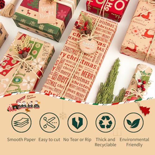 Zindoo Christmas Wrapping Paper Sheets, Brown Xmas Gift Wrapping Paper, Recyclable Kraft Paper 70x50CM in Folded Sheets with 6 Christmas Designs (Bonus 2x10M Jute String & 10 Tags & Tape) - Gift Guide