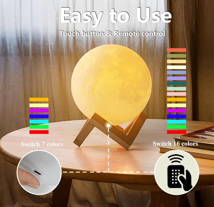 ACED Moon Lamp 2024 Upgrade with Timing 3D Printing Moon Night Light 16 Colours with Wooden Stand Remote & Touch Control and USB Rechargeable Gift for Her Him Kids Women Men Birthday - Gift Guide