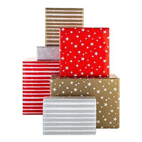 Hallmark Christmas Wrapping Paper, Pack of 6 Gift Wrap, 3M Each, 2 Festive Designs, Stars, Stripes, Red, Gold, Silver - Gift Guide
