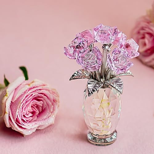 H&D HYALINE & DORA Crystal Rose Flower Figurine,Glass Rose Flowers Gifts for Women,Pink Rose Flower Collectible for Home Table Decor Valentines Day Gifts For Her(Gift Boxed)