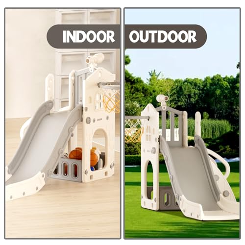 KORIMEFA 4-in-1 Kids Slide Toddler Climber Slide Set with Basketball Hoop, Storage Box and Telescope, Indoor Outdoor Freestanding Slider Garden Slide Playground for Toddlers Ages 18-36 Months