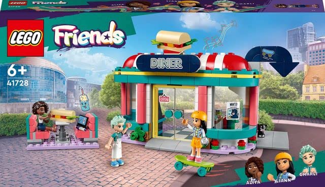LEGO Friends Heartlake Downtown Diner Restaurant Playset, Toy for Kids Aged 6 Plus, Birthday Gift Idea with Liann, Aliya and Charli Mini-Dolls, 2023 Series Characters 41728