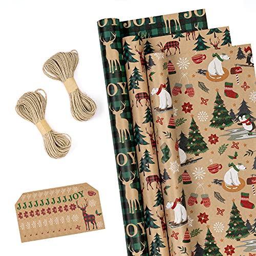 RUSPEPA Christmas Wrapping Paper Rolls with Tags, Jute String - 43cm x 3 Meter per Roll, Total of 3 Rolls - Gift Guide
