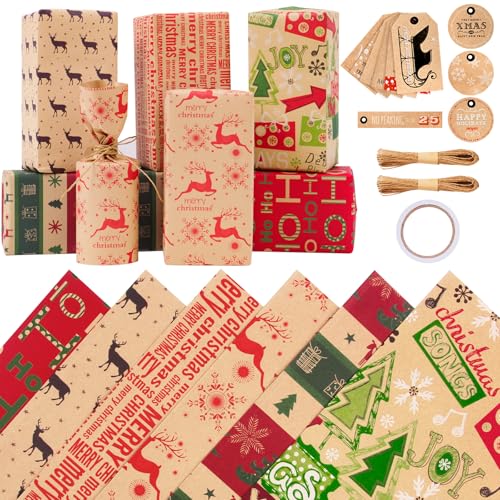 Zindoo Christmas Wrapping Paper Sheets, Brown Xmas Gift Wrapping Paper, Recyclable Kraft Paper 70x50CM in Folded Sheets with 6 Christmas Designs (Bonus 2x10M Jute String & 10 Tags & Tape) - Gift Guide